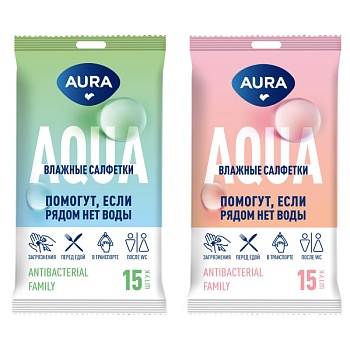 влажные салфетки aura family с антибактериальным эффектом 15 шт