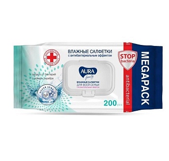 влажные салфетки aura family с антибакт. эффектом big-pack с крышкой 200 шт